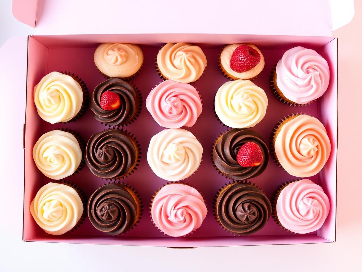 An assorted dozen of cupcakes in a pink bakery box