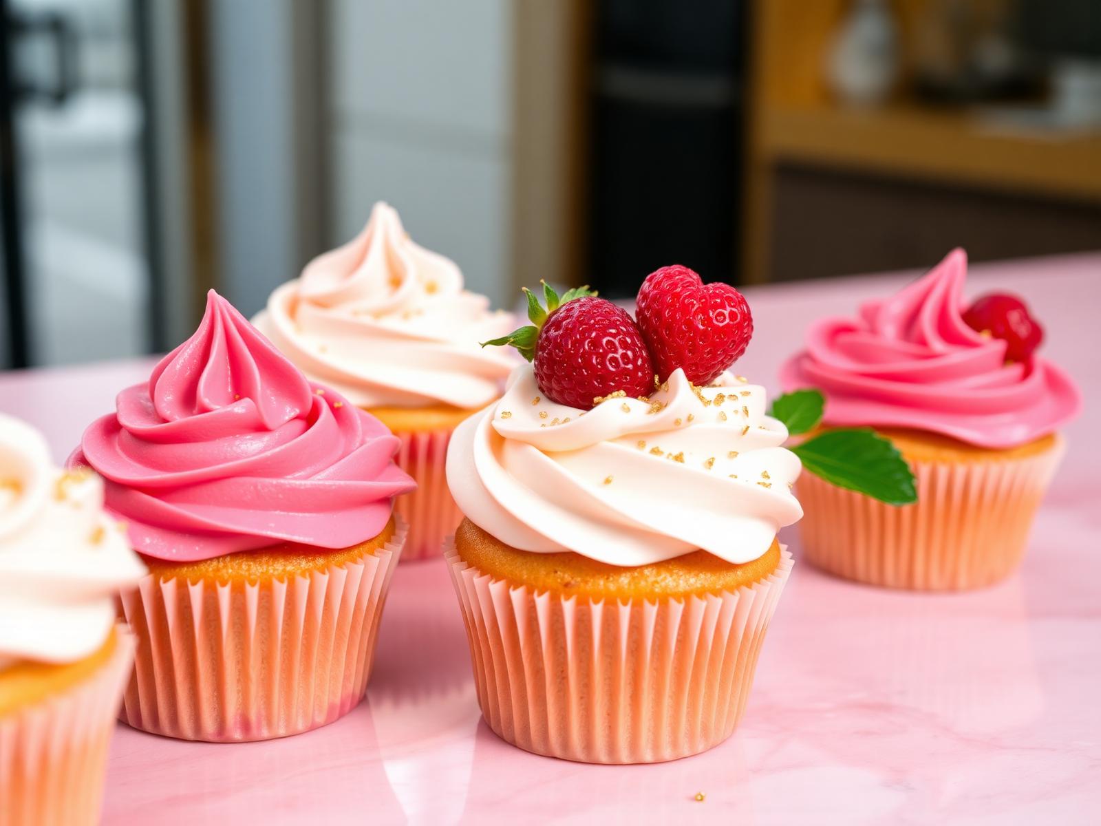 Raspberry and vanilla cupcakes with fresh berries on a pink marble surface